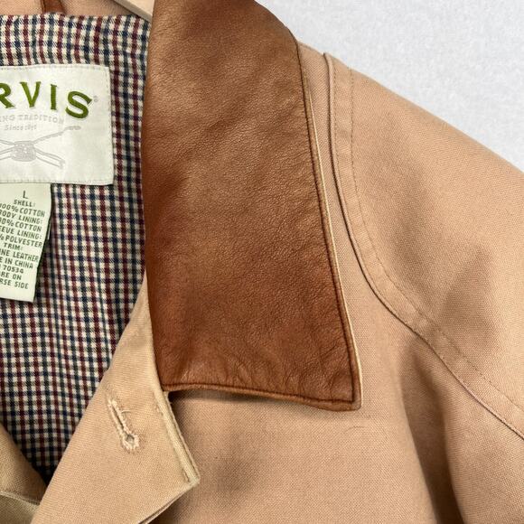 ORVIS Jacket Mens L Chore Barn Coat Houndstooth Lined Leather Trim Hunting Brown - Picture 4 of 16